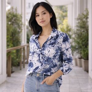 Patrizia Luca Milano Rusched Marble Print Button Down Puff Sleeve Shirt Large